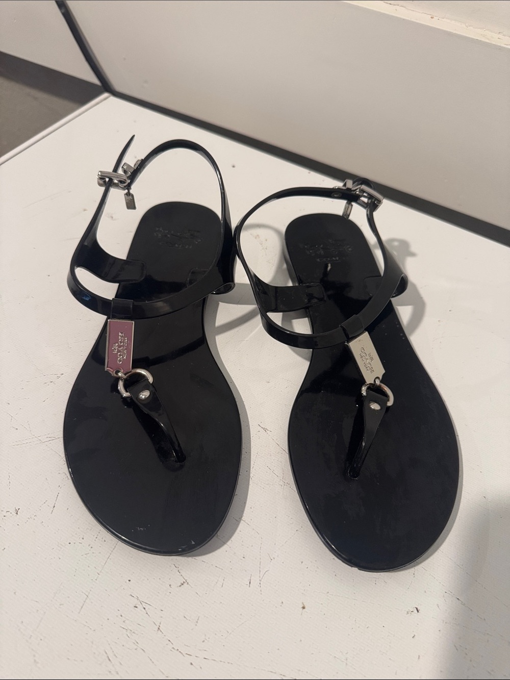 Coach Black Patent T-Strap Women's Sandals with Logo Plaque